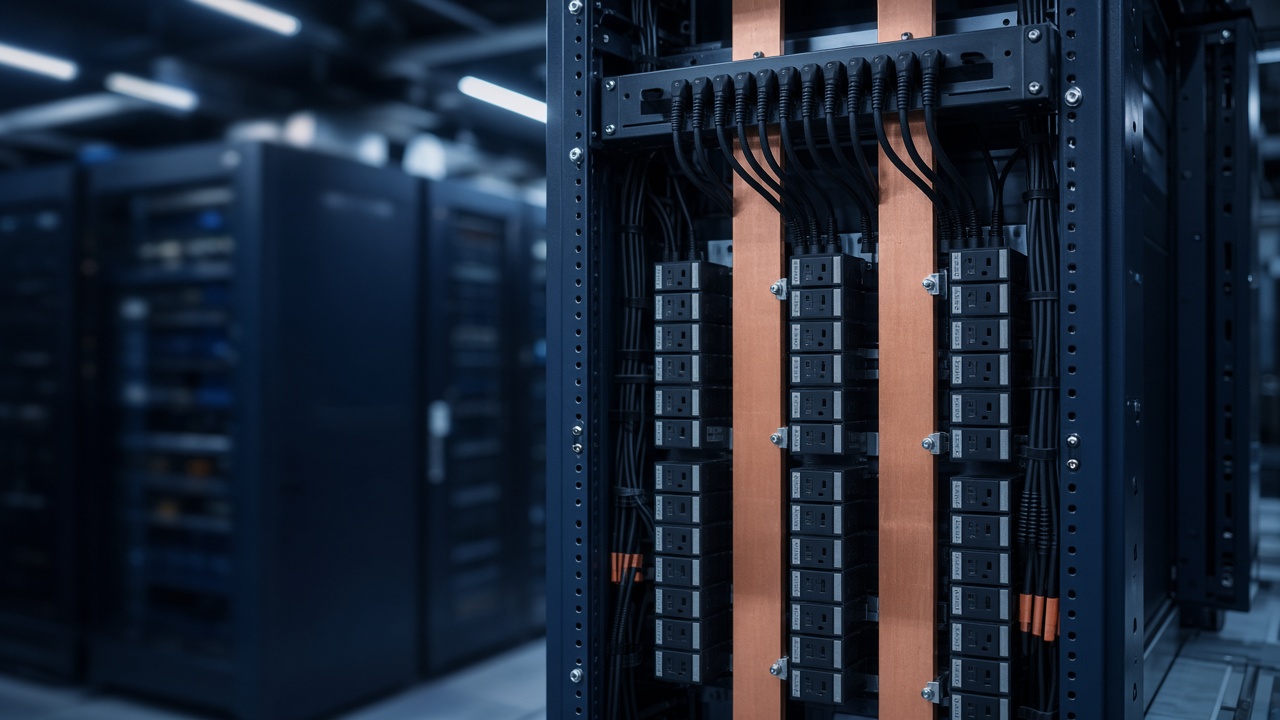 Rack power integration with copper busbars and vertical PDU strips