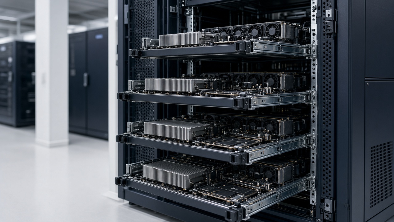 Open compute trays with heatsinks and accelerator boards on rack rails