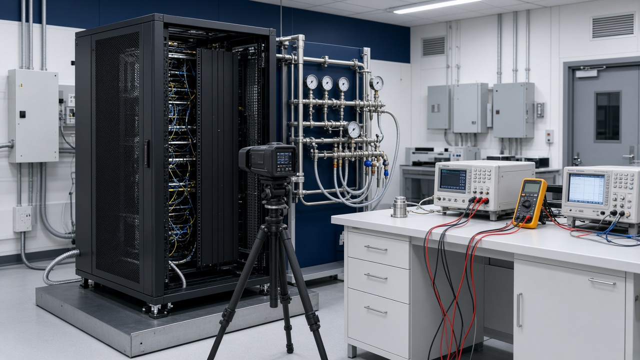Rack test bay with cooling-loop gauges, thermal camera, and electrical instruments