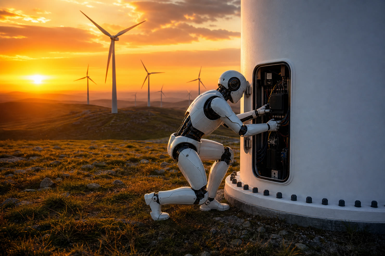 Humanoid robot servicing an open access panel at a wind turbine base