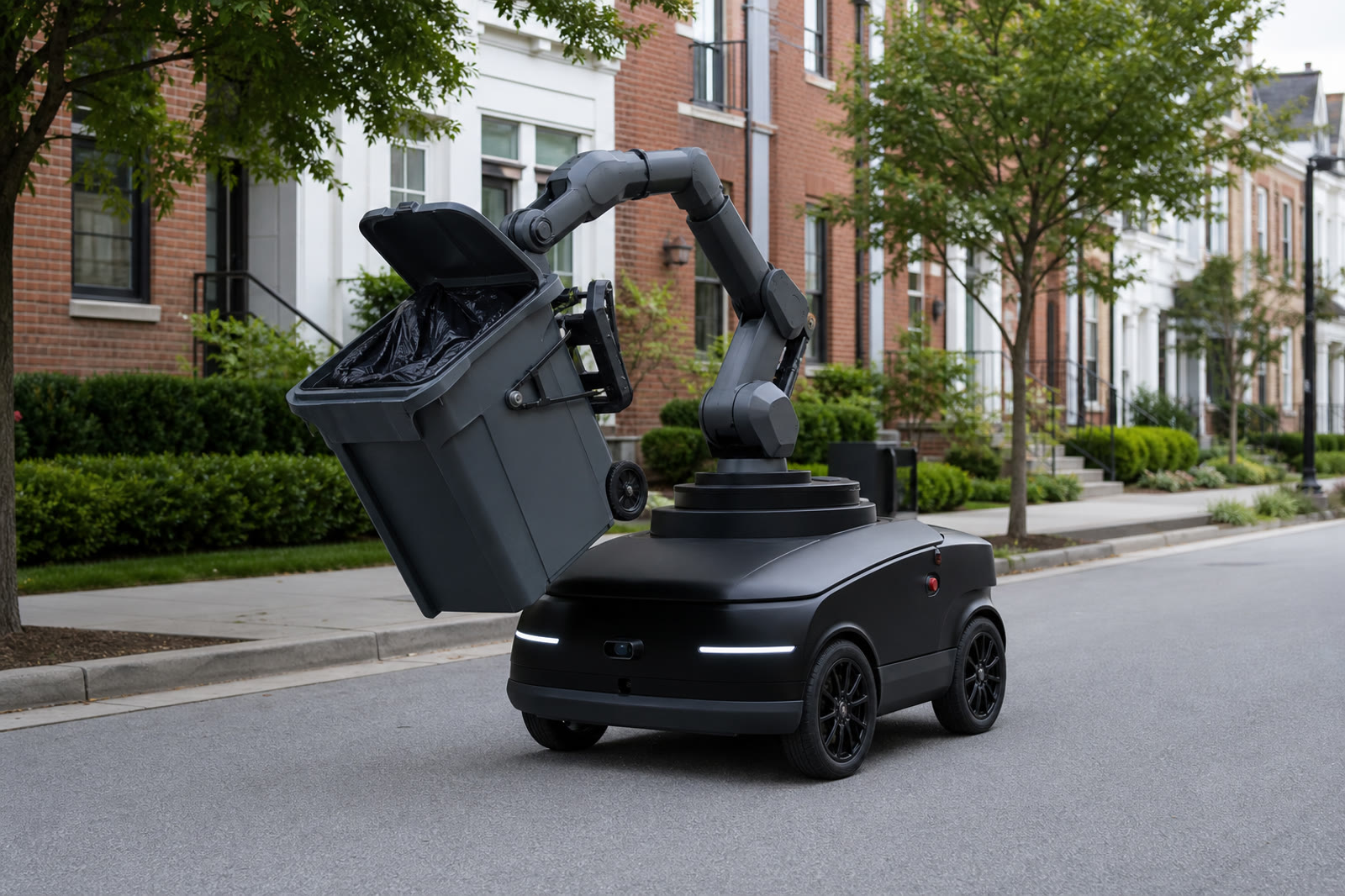 Autonomous municipal robot lifting a residential waste bin on a neighborhood street