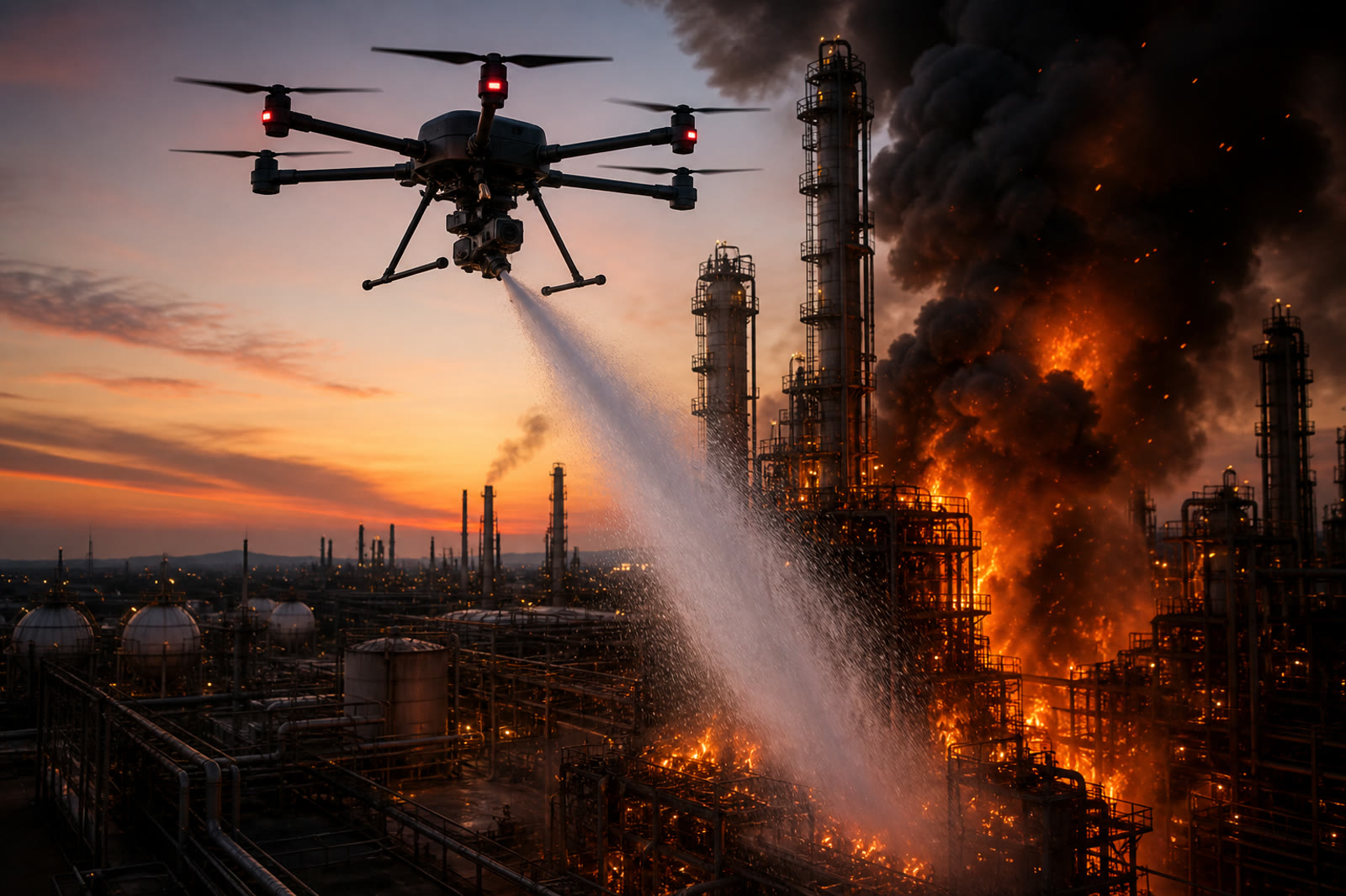 Industrial aerial robot applying suppressant during a plant fire among refinery structures