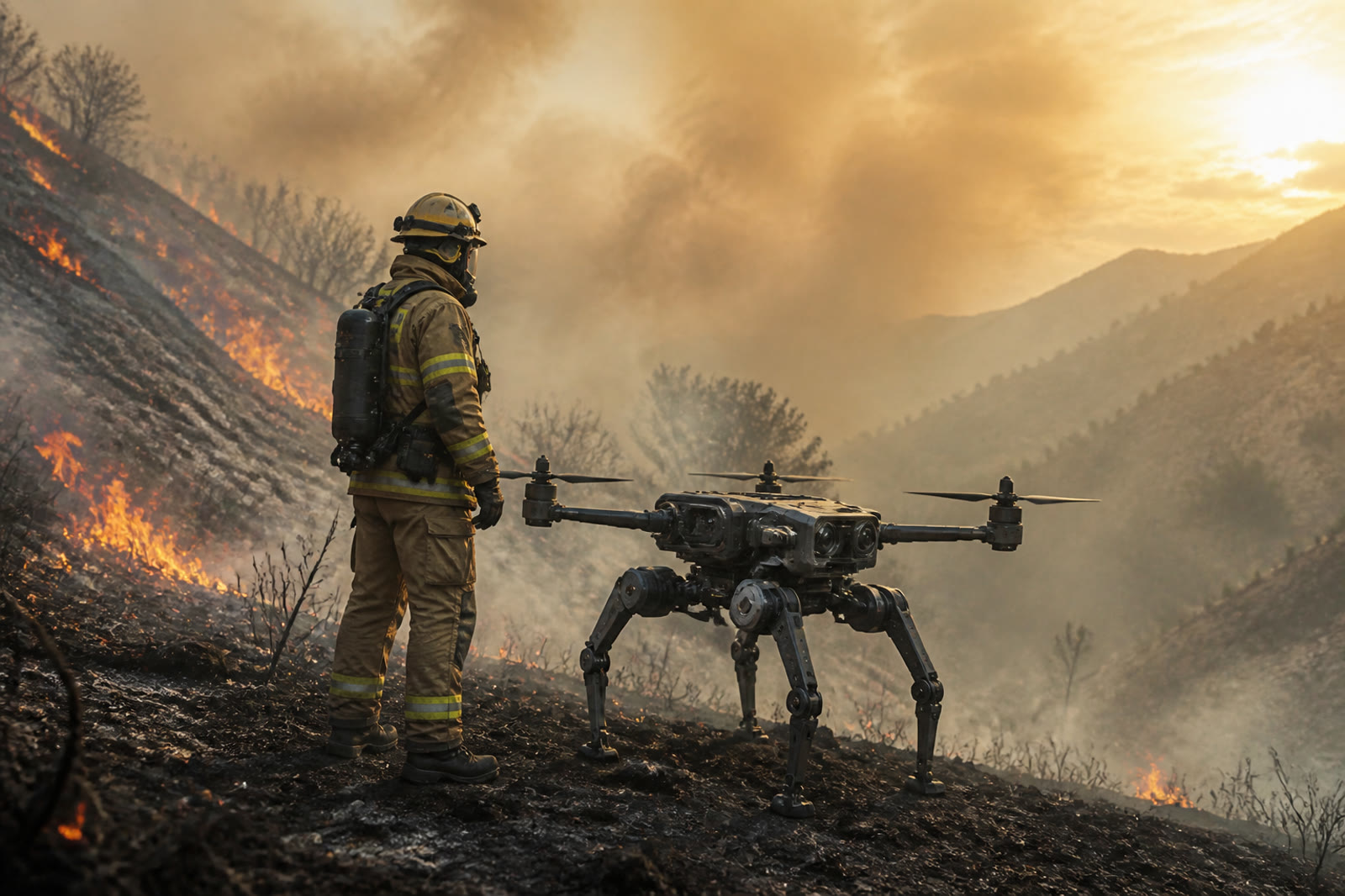 Firefighter standing beside an emergency-response robot on a burned hillside