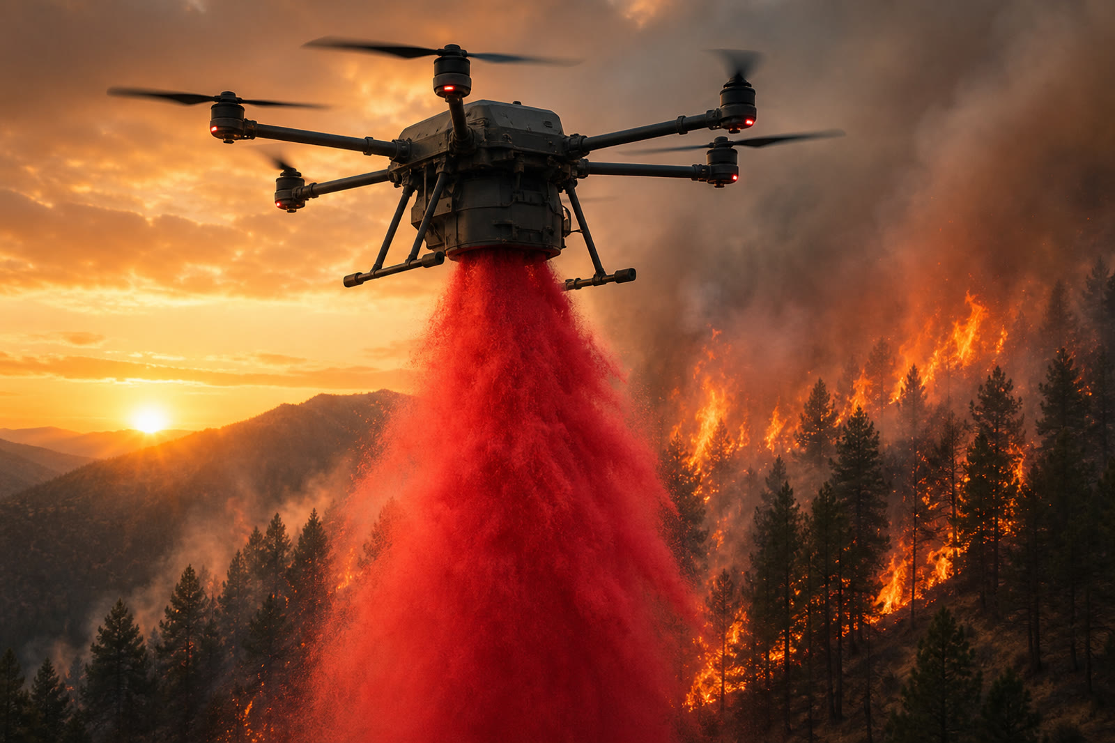 Aerial robot releasing fire retardant over an active wildfire on forested hills